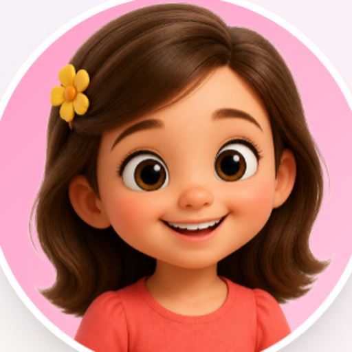 Illustrated avatar of Ze, a smiling two-year-old girl with curly hair, a pink bow, and a ZE-pink outfit