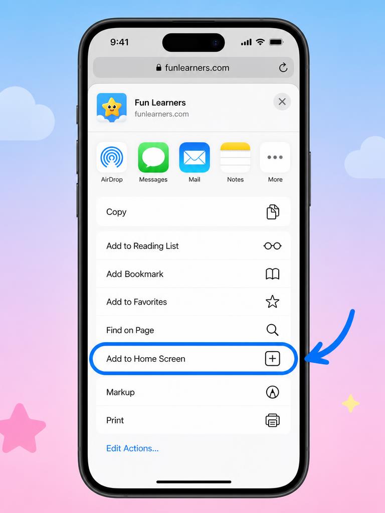iPhone showing Safari's share sheet with Add to Home Screen highlighted
